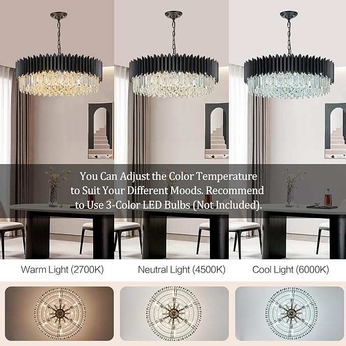 Black Crystal Chandelier 30'' K9 Crystal Round Pendant Lights Adjustable 6-Tier Large Modern Crystal Chandelier Light 12-Lights for Dining Room Living Room Kitchen Foyer Entryway