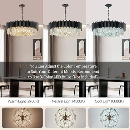 Black Crystal Chandelier 30'' K9 Crystal Round Pendant Lights Adjustable 6-Tier Large Modern Crystal Chandelier Light 12-Lights for Dining Room Living Room Kitchen Foyer Entryway