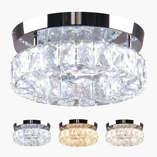 9.8" Small Crystal Chandeliers LED Round Crystal Ceiling Light Flush Mount Light Fixture for Foyer Entryway Crystal Hallway Light Bedroom, 3 Colors Adjustable