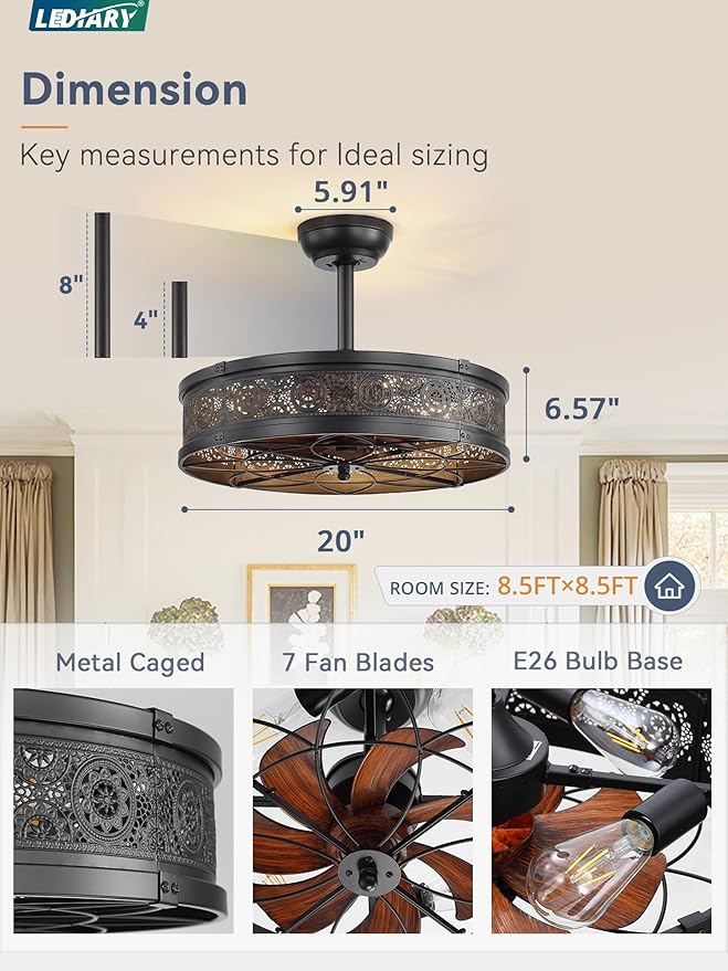 LEDIARY Farmhouse Chandelier Ceiling Fan with Light,20 Inch Black Caged Enclosed Bladeless Fan Lights Ceiling Fixtures,Vintage Victorian Rustic Fandelier for Indoor,Kitchen,Bedroom,Living Room