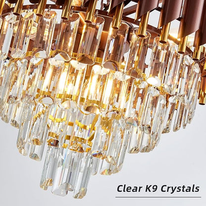 Modern Crystal Chandeliers 4-Tier K9 20" Round Coffee and Gold Crystal Chandelier Light Fixture 7 Lights Hanging Pendant Ceiling Light Fixture for Dining Room Living Room Entryway Foyer