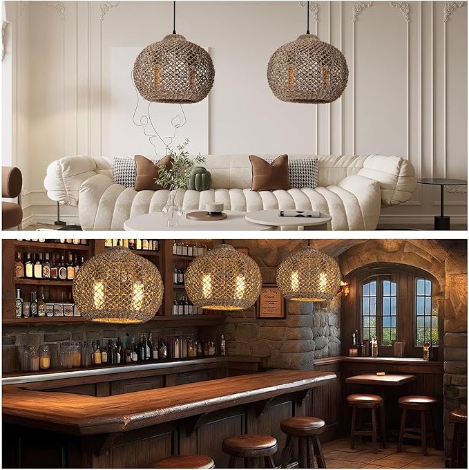 2-Light Rattan Pendant Light, Farmhouse Rattan Chandelier Boho Hand Woven Wicker Hanging Light Fixture for Kitchen Island Living Room Bedroom Dining Room Foyer