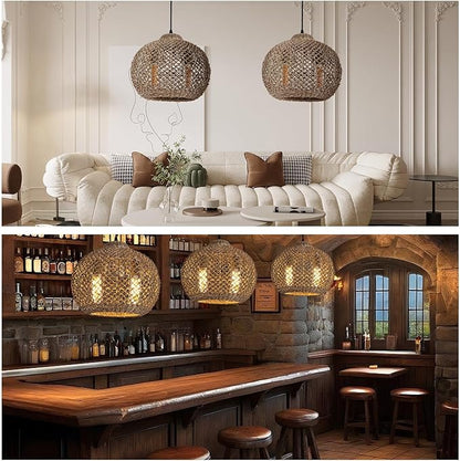 2-Light Rattan Pendant Light, Farmhouse Rattan Chandelier Boho Hand Woven Wicker Hanging Light Fixture for Kitchen Island Living Room Bedroom Dining Room Foyer