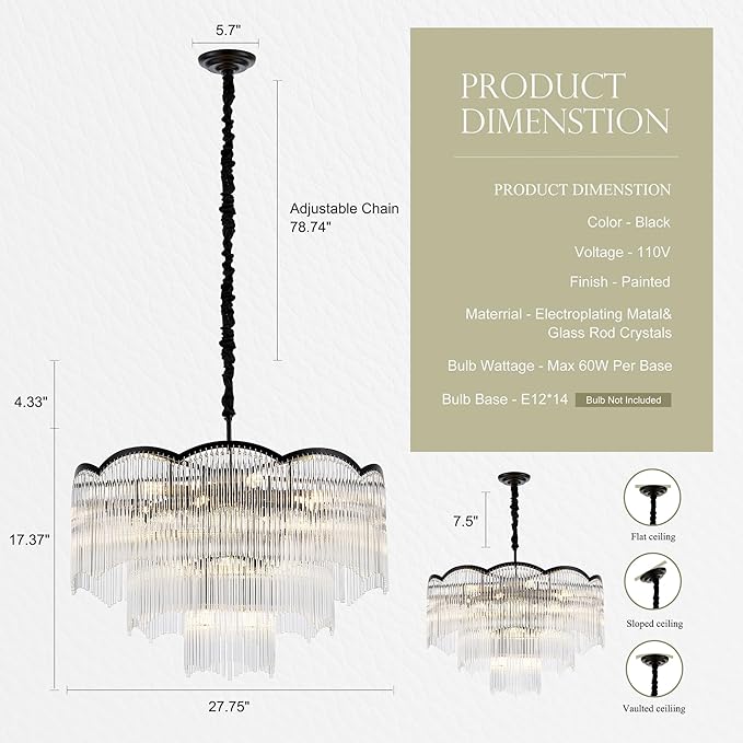 27.75" Black Clear Glass Crystal Chandelier 14-Light Modern Crystal Pendant Ceiling Light Fixture 4-Tier Luxury Glass Chandeliers,for Dining Room Kitchen Island Living Room Bedroom