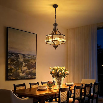 CNRATYE 16" Modern Black Crystal Chandelier, 4-Light Farmhouse Dining Room Light Fixtures Over Table Hanging, Antique Round Pendant Lights Kitchen Island Entryway Bedroom Office Stairwell Hallway