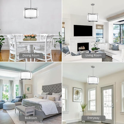 4-Light Modern Chandelier for Dining Room, 18'' Drum Pendant Light Fixture Chandelier with Fabric Shade, Farmhouse Chandeliers Hanging Lighting Fixtures for Foyer Entryway Living Room, Brushed Nickel