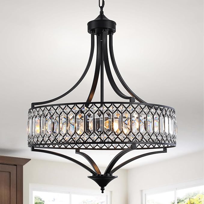 20" Black Crystal Chandeliers for Dining Room, 5-Light Modern Farmhouse Round Crystal Chandelier Light Fixture, Adjustable Height Hanging Pendant Lights Living Room Bedroom Kitchen Island Entryway