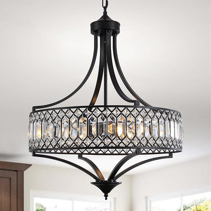20" Black Crystal Chandeliers for Dining Room, 5-Light Modern Farmhouse Round Crystal Chandelier Light Fixture, Adjustable Height Hanging Pendant Lights Living Room Bedroom Kitchen Island Entryway