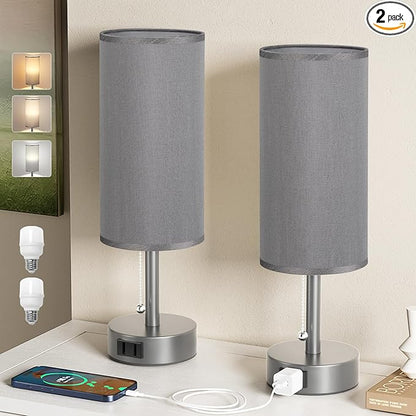 Fenmzee Dark Grey Bedside Table Lamps Set of 2-3 Color Temperatures Pull Chain Lamp with AC Outlet Charging Port, Small Round Night Stand Lamps for Bedroom, Bed Side Light with E26 LED Bulbs