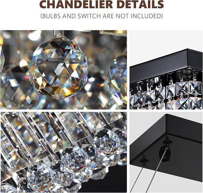 59-inch Modern Crystal Chandelier,13-Light K9 Crystal Rectangle Chandelier for Dining Room,Kitchen Island Adjustable Hanging Pendant Light Fixture,Black Finish