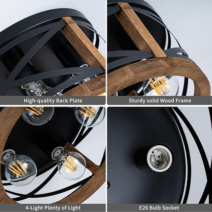 Farmhouse Light Fixtures, 4-Light Round Flush Mount Ceiling Light with Wood and Metal Frame, Black Rustic Ceiling Light for Hallway, Entryway, Bedroom, Kitchen