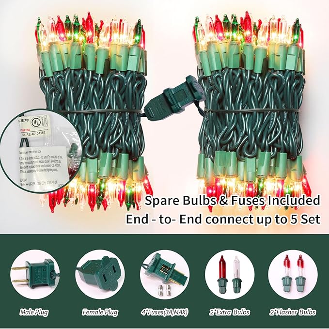 LAMPHOME Super-Bright Extendable Warm White Green red Christmas Lights Decoration 100Lights 19.6ft UL Certified Mini Bulb String Lights for Outdoor Christmas Tree Garden Patio Wedding Decor