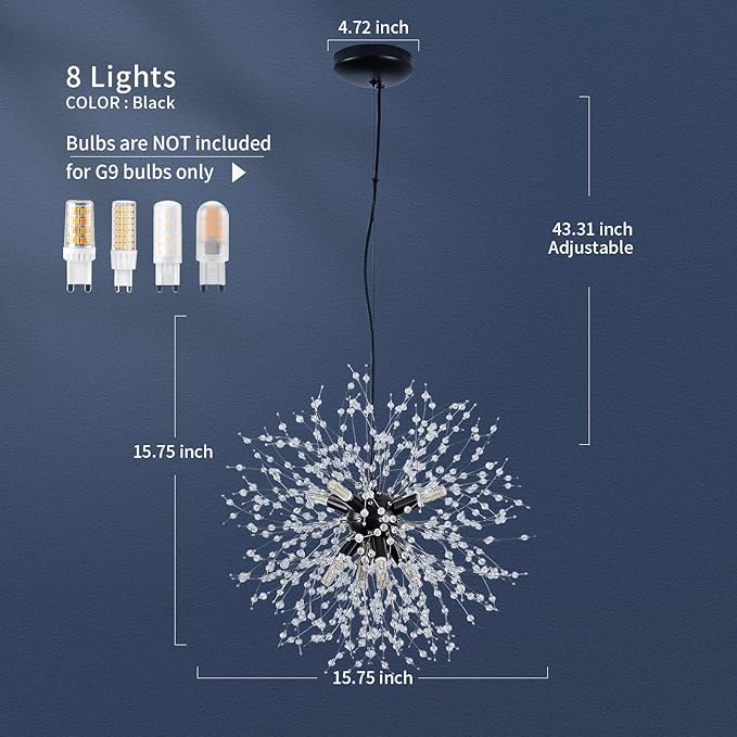 CM MZY Modern Crystal Chandeliers Firework, Matt Black Dandelion Sputnik Ceiling Light Fixtures, Sputnik Chandelier Pendant Light for Bedroom Living Room Dining Room Kitchen Island Hallway