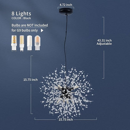 CM MZY Modern Crystal Chandeliers Firework, Matt Black Dandelion Sputnik Ceiling Light Fixtures, Sputnik Chandelier Pendant Light for Bedroom Living Room Dining Room Kitchen Island Hallway