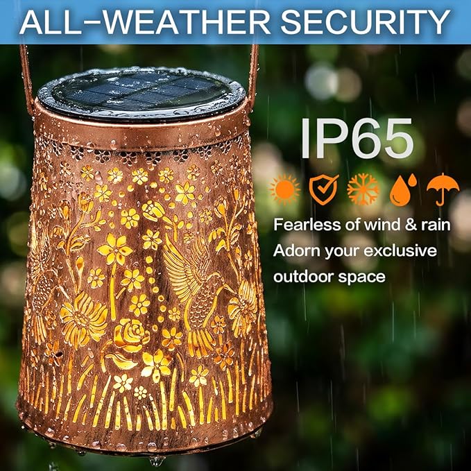 LeiDrail Hummingbird Solar Lanterns Outdoor, 4 Pack Metal Hanging Garden Lights, Waterproof Vintage Copper Decorative Lantern Set for Yard Patio Porch, Gifts for Women Mom Grandma