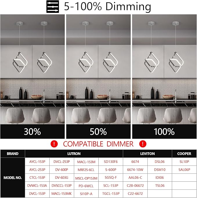 Modern LED Chandelier Chrome Rectangular Pendant Light Fixtures 4000K 20W Dimmable Height Adjustable Pendant Lighting for Dining Room Kitchen Island Bedroom Living Room Foyer（3-Pack）