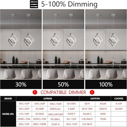 Modern LED Chandelier Chrome Rectangular Pendant Light Fixtures 4000K 20W Dimmable Height Adjustable Pendant Lighting for Dining Room Kitchen Island Bedroom Living Room Foyer（3-Pack）