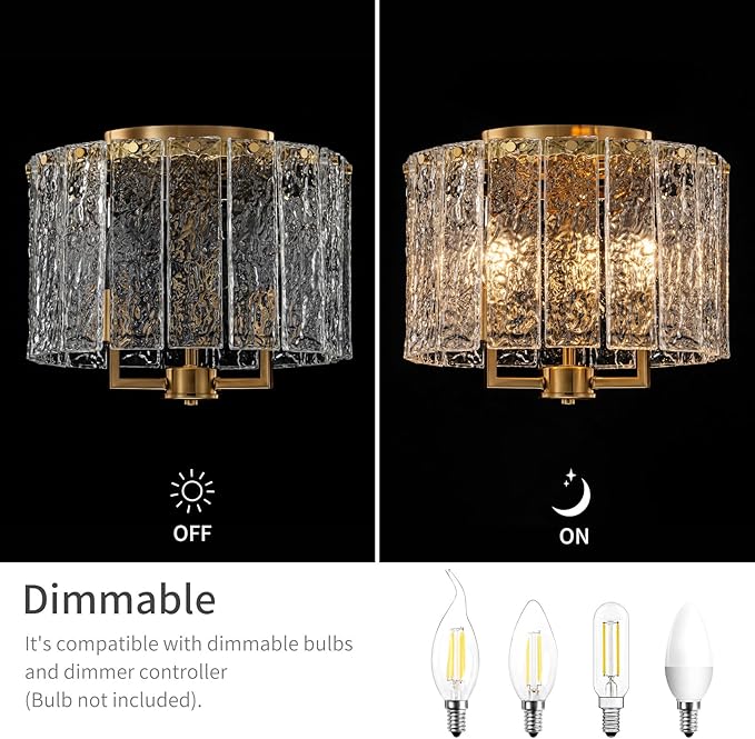 LumFurn 3-Light Modern Ceiling Light for Living Room, Bedroom, Foyer, Kitchen, Close to Ceiling Flushmount Light Fixture, D12.6 x H10.4 in, Handmade Glass Shade & Gold Finish Frame