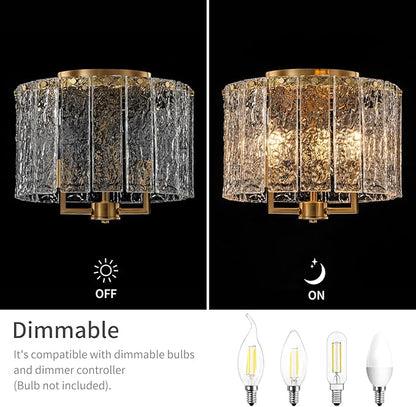 LumFurn 3-Light Modern Ceiling Light for Living Room, Bedroom, Foyer, Kitchen, Close to Ceiling Flushmount Light Fixture, D12.6 x H10.4 in, Handmade Glass Shade & Gold Finish Frame