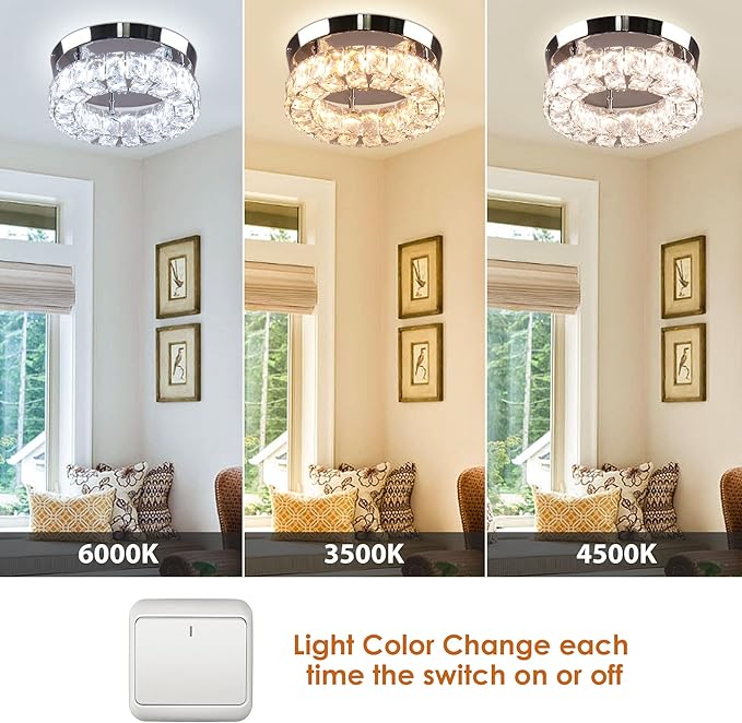 9.8" Small Crystal Chandeliers LED Round Crystal Ceiling Light Flush Mount Light Fixture for Foyer Entryway Crystal Hallway Light Bedroom, 3 Colors Adjustable