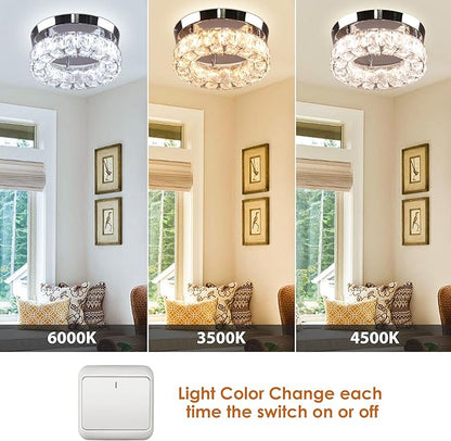 9.8" Small Crystal Chandeliers LED Round Crystal Ceiling Light Flush Mount Light Fixture for Foyer Entryway Crystal Hallway Light Bedroom, 3 Colors Adjustable