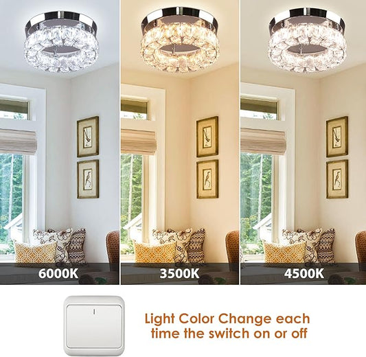 9.8" Small Crystal Chandeliers LED Round Crystal Ceiling Light Flush Mount Light Fixture for Foyer Entryway Crystal Hallway Light Bedroom, 3 Colors Adjustable