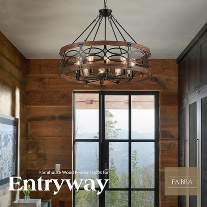 10-Light Farmhouse Drum Wood Pendant Light,32.24'' Vintage Rustic Brown Oak Wood Chandeliers,Retro Industrial Hanging Light Fixtures for Dining Room Entryway, Bedroom