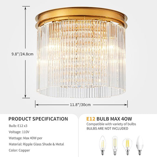 3-Light Drum Ripple Glass Ceiling Lights, Modern Style Flushmount Light Fixture for Kitchen, Bedroom, D12 * H10 inch, Ripple Glass Shade & Brass Finish Canopy