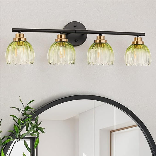 TALOYA Bathroom Vanity Light Fixtures, 4-Light Modern Black and Gold Wall Lights for Mirror, Green Tulip Glass Shades Over Sink Lighting for Bedroom, Living Room, and Hallway,Farmhouse