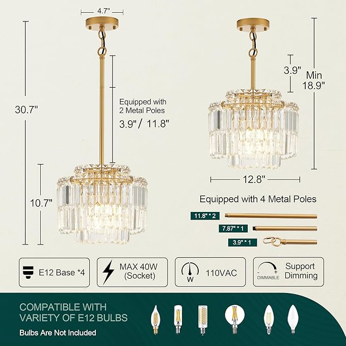 Modern 12.8“ Gold Crystal Chandelier Ceiling Light Fixtures for Dining Room Luxury Glam 4-Light Crystal Chandeliers Lighting for Bedroom Entryway Hallway Living Room Kitchen Island Foyer