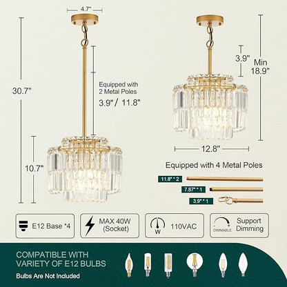 Modern 12.8“ Gold Crystal Chandelier Ceiling Light Fixtures for Dining Room Luxury Glam 4-Light Crystal Chandeliers Lighting for Bedroom Entryway Hallway Living Room Kitchen Island Foyer