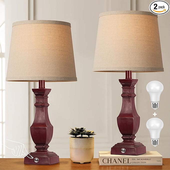 ROTTOGOON Dimmable Table Lamps Set of 2, Rustic Farmhouse Table Lamps for Living Room Bedroom, Bedside Desk Lamps for end Tables, Touch Lamps for nightstand, 9W Bulbs Included, 22", Antique Red