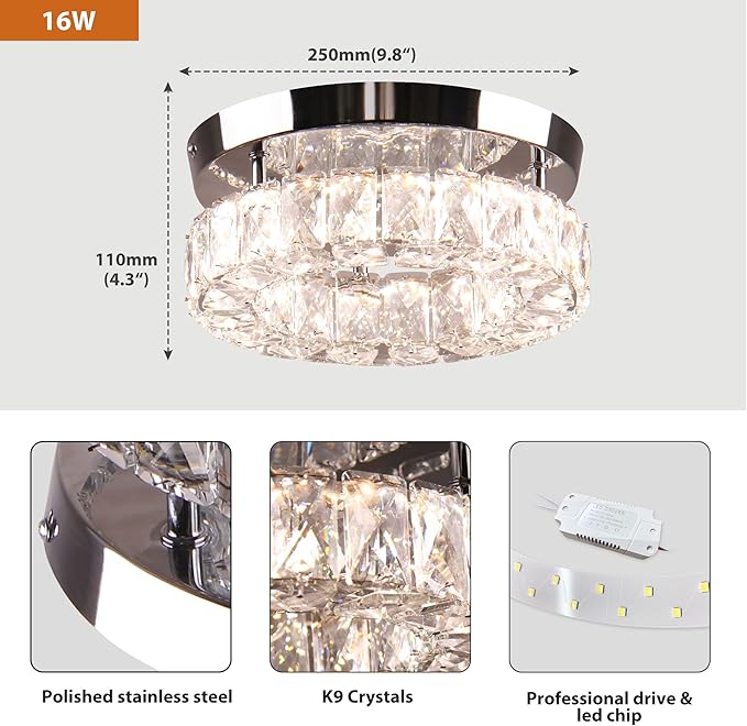 9.8" Small Crystal Chandeliers LED Round Crystal Ceiling Light Flush Mount Light Fixture for Foyer Entryway Crystal Hallway Light Bedroom, 3 Colors Adjustable