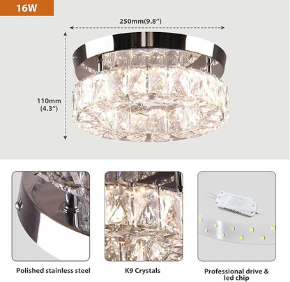 9.8" Small Crystal Chandeliers LED Round Crystal Ceiling Light Flush Mount Light Fixture for Foyer Entryway Crystal Hallway Light Bedroom, 3 Colors Adjustable
