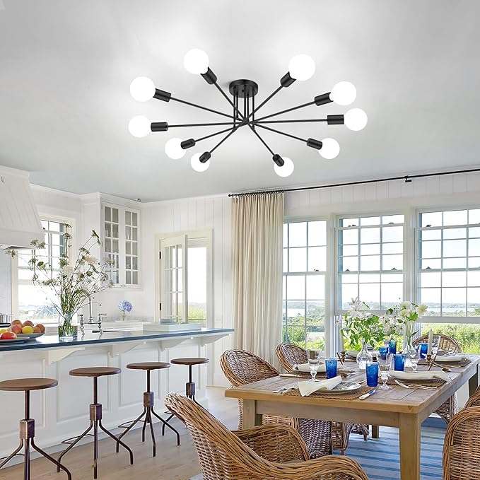 Modern Sputnik Chandelier 10-Light Industrial Ceiling Lights Fixture 31.5" Black Semi Flush Mount Ceiling Light with E26 Base Sputnik Lights Fixture for Dining Room Bedroom Foyer Hallway Living Room