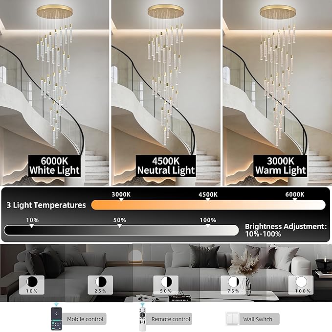 30-Lights Bubble Chandelier for Entryway High Ceiling-196 Height Adjustable Crystal Chandelier,3 Color Temperature Dimmable LED Pendant Light Fixture for Foyer Living Room Staircase,Gold