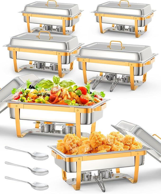 6 Pack Chafing Dishes for Buffet, Stainless Steel Catering Chafer with Lids, Pans & Fuel Holder, 8QT Food Warmers for Parties Buffet, Buffet Servers and Warmers for Parties, Events, Weddings, Gold