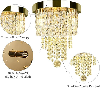 TISLYCO Mini Gold Crystal Chandelier, 3 Light Modern Flush Mount Ceiling Light Fixture, Raindrop Ceiling lamp Beaded Crystal Pendant Lighting for Hallway, Bedroom, Living Room, Dining Room
