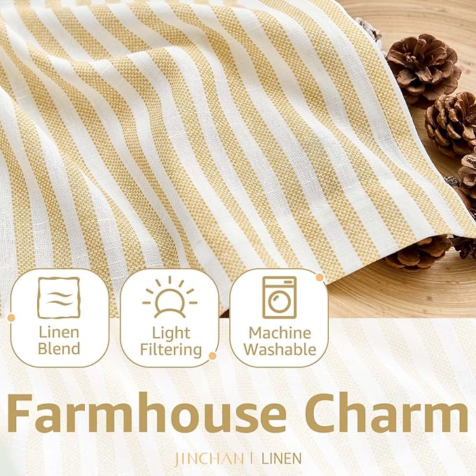 jinchan Striped Linen Kitchen Curtains 45 Inches Tier Curtains Farmhouse Modern Cafe Style Small Window Treatments Airy Light Filtering Rod Pocket for Living Room Bathroom 2 Panels Mustard Yellow