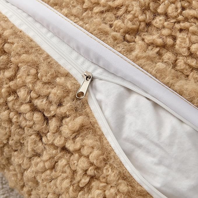 MIULEE Pack of 2 Throw Pillow Covers 18x18 Inch Neutral Camel Faux Fur Decorative Sherpa Pillow Covers Fuzzy Accent Soft Sheepskin Fleece Cushion Cases for Boho Home Decor Couch Living Room Bed