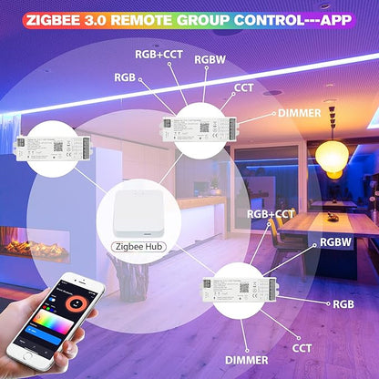 LM052 ZigBee 3.0 LED Strip Controller RGB CCT RGBW 5in1 Dimmable Compatible with Smart Life APP/Alexa Echo/Google Assistant Home/Siri, DC12-24V Lights Controller（Require ZigBee Hub）