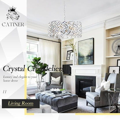 CATINER Chrome Crystal Chandeliers, Modern Semi Flush Mount Ceiling Light, 6-Light Round Crystal Hanging Pendant Light Fixtures, D18” for Dining Room Entryway Kitchen Hallway K9 Crystal