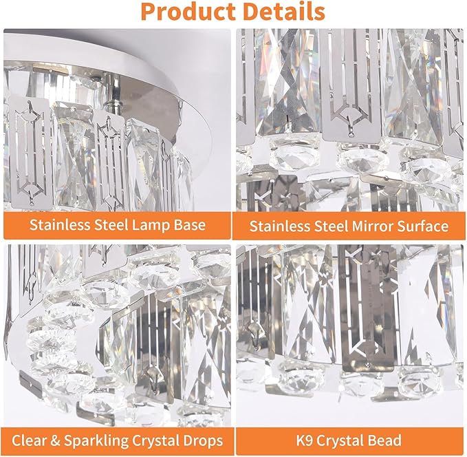 11.8" Dimmable Crystal Chandelier Modern LED Flush Mount Mini Ceiling Light Fixtures with Remote Control Crystal Round Chandeliers Light for Hallway Bedroom Kitchen