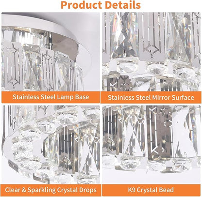 11.8" Dimmable Crystal Chandelier Modern LED Flush Mount Mini Ceiling Light Fixtures with Remote Control Crystal Round Chandeliers Light for Hallway Bedroom Kitchen