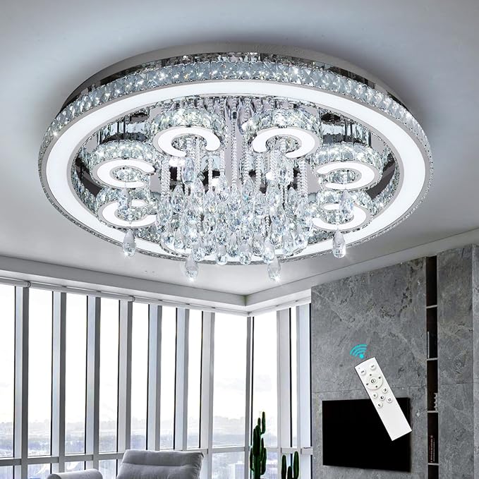 HAIXIANG Modern Chandelier LED Glam Living Room Crystal Light Interior Luxury High Ceiling Chandeliers Remote Dimmable Lights Fixture 40 Inches Silver