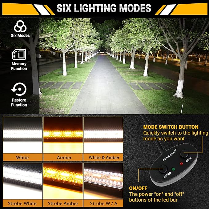 Auxbeam 12 Inch LED Light Bar 300W 6 Modes Amber White Strobe Light, Off-Road Driving Light Spot Flood Combo Work Light with 16AWG 10FT Wiring Harness Kit - 1 Lead for Jeep Wrangler Boat Truck SUV ATV