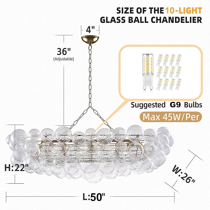 Longree Nordic Bubble Ball Swirled Glass Chandelier Long 50 inch Rectangular Island Light Fixture Gold and Clear Blown Glass Lighting for Dining Table, Living Room