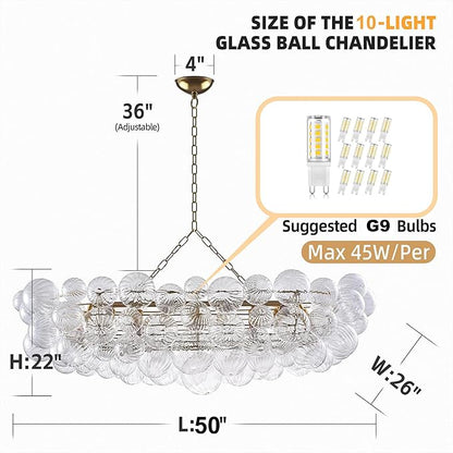 Luxury Bubble Glass Chandeliers Clear Ribbed Swirled Blown Glass Ball 50" L Rectangular Island Light Fixture Hanging Pendant Light Fixtures for Living Room Restaurant Dining Table
