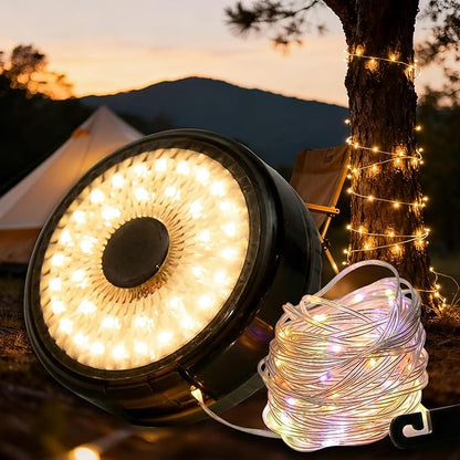 Solar Camping String Lights 32.8FT, 9 Lighting Modes 4 in 1 Portable Waterproof Camp Lantern, Retractable Rechargeable Fairy Lights with Hanging Hook for Outdoor Tent Garden Patio RV Yard Essentials