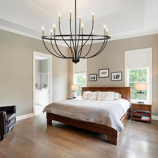 Modern Farmhouse Chandelier for Dining Room 12 Lights,32in Industrial Black and Gold Lighting Fixture, Candle Pendant Light for Kitchen Island High Ceilings Living Room Hallway Entryway Foyer